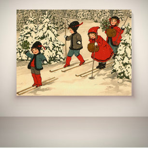 Póster Niños vintage patinando a través de un bosque neva
