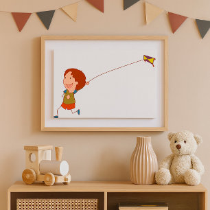 Póster Niños volando cometa infancia feliz