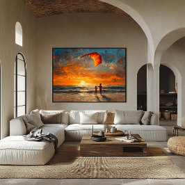 Póster Niños volando cometas al atardecer - Vibrante play