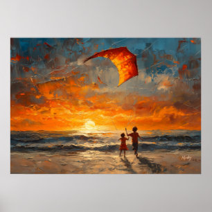 Póster Niños volando una cometa al atardecer - Playa vibr