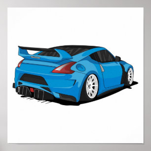 Póster Nissan 370z azul con llantas blancas