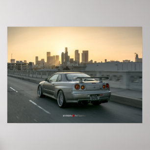 Póster Nissan Skyline GT-R34 en el centro de Los Ángeles