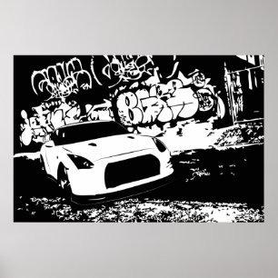 Póster Nissan Skyline GTR con fondo de graffiti