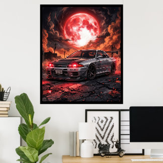 Póster Nissan Skyline R32 Bajo La Luna Carmesí
