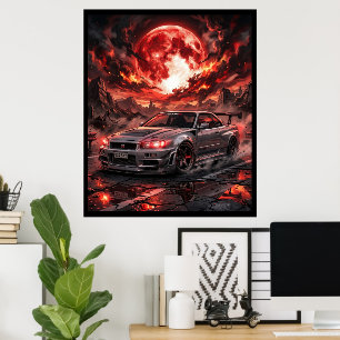 Póster Nissan Skyline R34 Bajo una Luna Carmesí