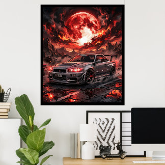 Póster Nissan Skyline R34 Bajo una Luna Carmesí