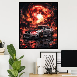 Póster Nissan Skyline R34 Bajo una Luna Carmesí