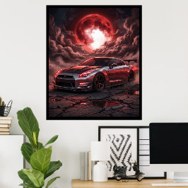 Póster Nissan Skyline R35 Bajo una Luna Carmesí
