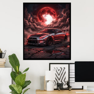 Póster Nissan Skyline R35 Bajo una Luna Carmesí