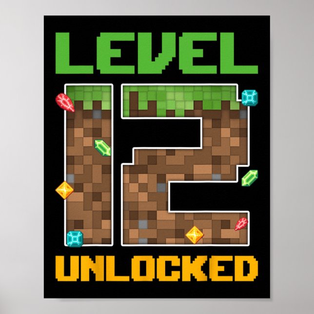 Póster Nivel 12 Desbloqueado Número de Videojuego Pixel 1 (Frente)