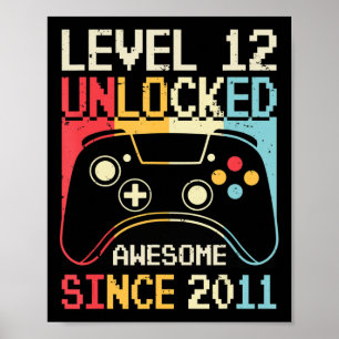 Póster Nivel 12 Desbloqueado Videojuego Cumpleaños 12 Año
