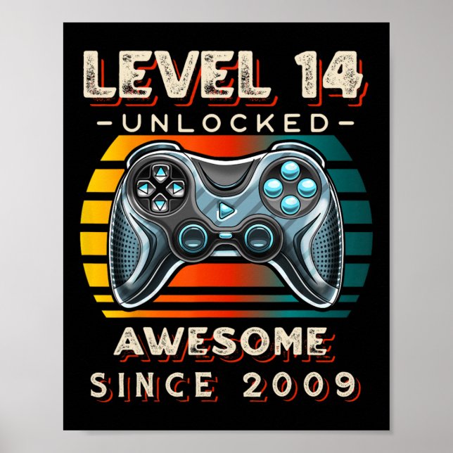 Póster Nivel 14 Videojuego desbloqueado 14 cumpleaños 14  (Frente)