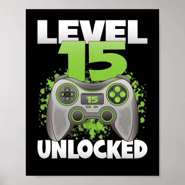 Póster Nivel 15 Desbloqueado Videojuegos 15 Cumpleaños Ju (Frente)