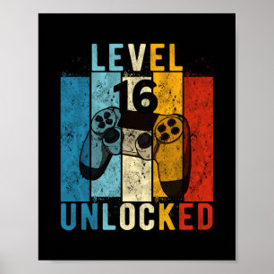 Póster Nivel 16 Desbloqueado Videojugador de 16 Años Cump