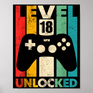 Póster Nivel 18 desbloqueado Cumpleaños 18 videojuego ret