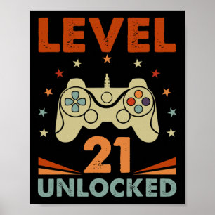 Póster Nivel 21 Video Gamer desbloqueado 21 cumpleaños 21