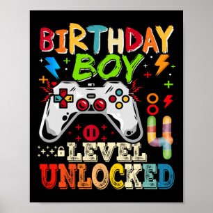 Póster Nivel 4 Desbloqueado Videojugador Cumpleaños 4 Año