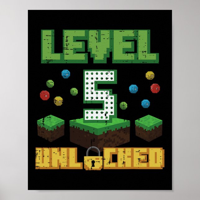 Póster Nivel 5 Desbloqueado Pixel Gamer 5º Cumpleaños Jue (Frente)