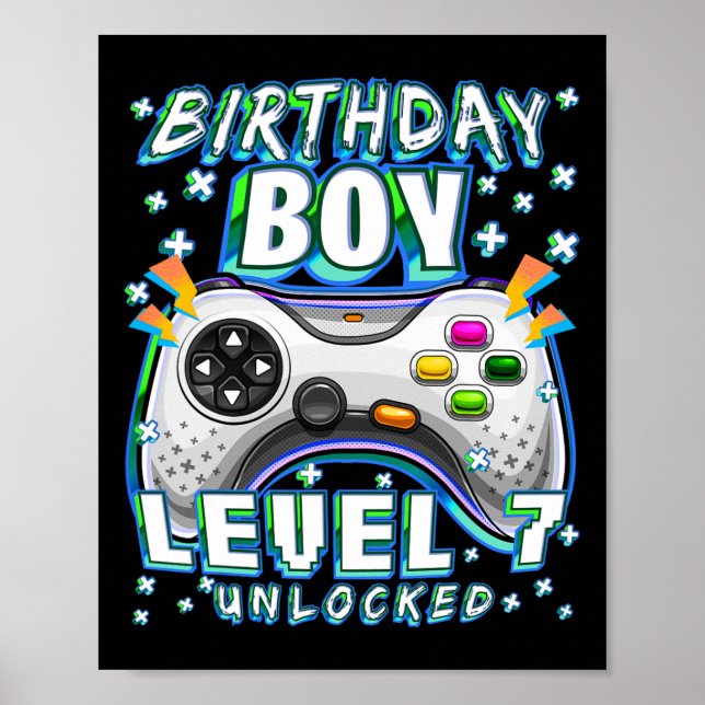 Póster Nivel 7 Desbloqueado Videojuego 7º Cumpleaños Niño (Frente)