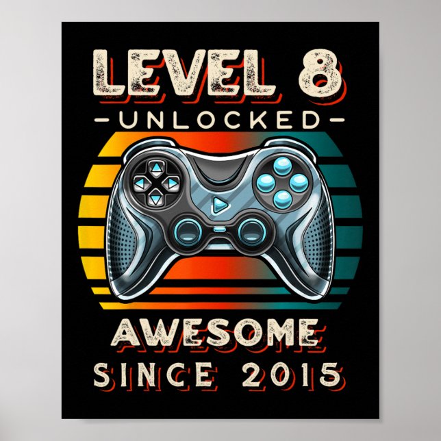 Póster Nivel 8 Desbloqueado Videojuego Cumpleaños 8 8 Año (Frente)