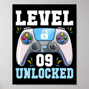 Póster Nivel 9 Desbloqueado Videojuego Cumpleaños 9 Niño