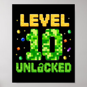 Póster Nivel Divertido 10 Desbloqueado Cumpleaños 10 Jueg