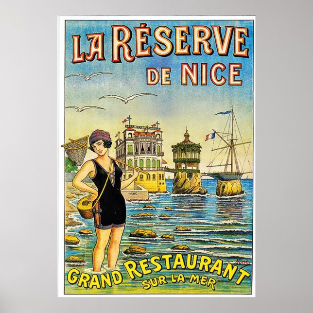 Póster Niza, Francia, mujer con traje de baño en la playa (Frente)