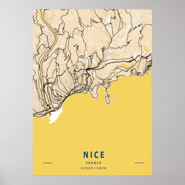 Póster Niza - Mapa de la ciudad amarilla de Francia (Frente)