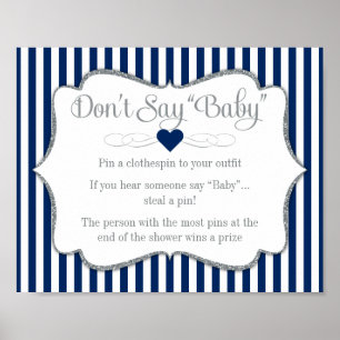 Póster No digan juego de Baby Shower Navy Blue Silver Boy