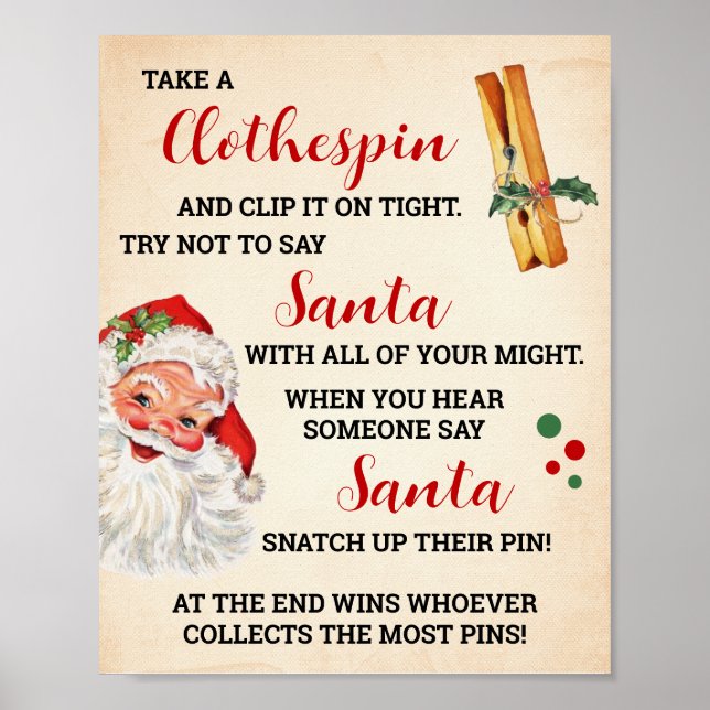 Póster No digan Rótulo de juego de Clothespin de Santa Na (Frente)