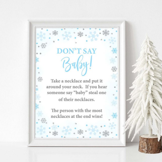 Póster No digas Rótulo de juego Baby Winter Blue Shower (Don't Say Baby Winter Baby Shower Game Sign, Blue & Silver Glitter Snowflakes, Necklace Version)