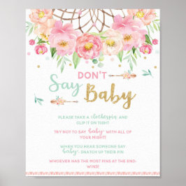 Póster No digas Rótulo de juego de Baby Shower Boho Dream
