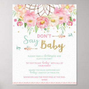 Póster No digas Rótulo de juego de Baby Shower Boho Dream