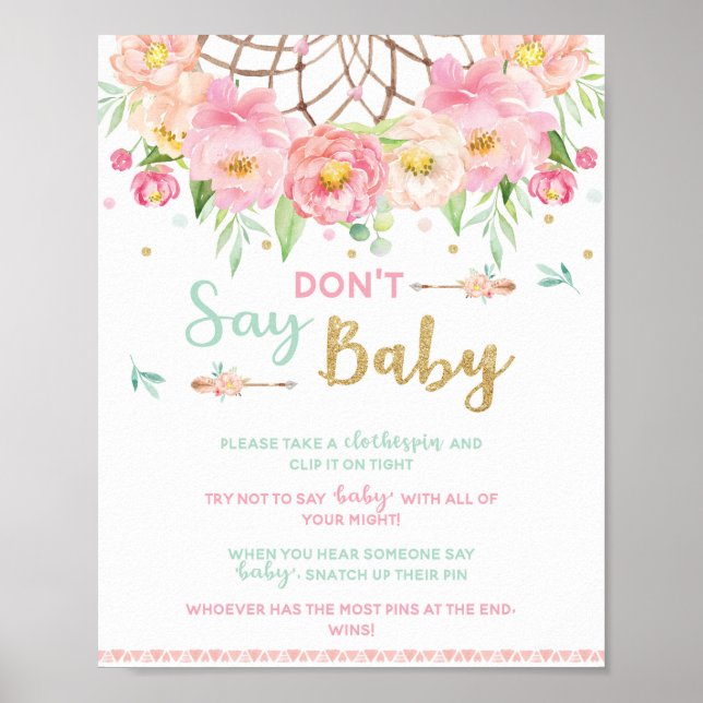 Póster No digas Rótulo de juego de Baby Shower Boho Dream (Frente)