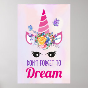 Póster No olviden soñar con unicornio rosa