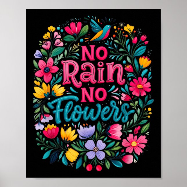Póster No Rain No Flowers Motivational Saying Wildflowers (Frente)