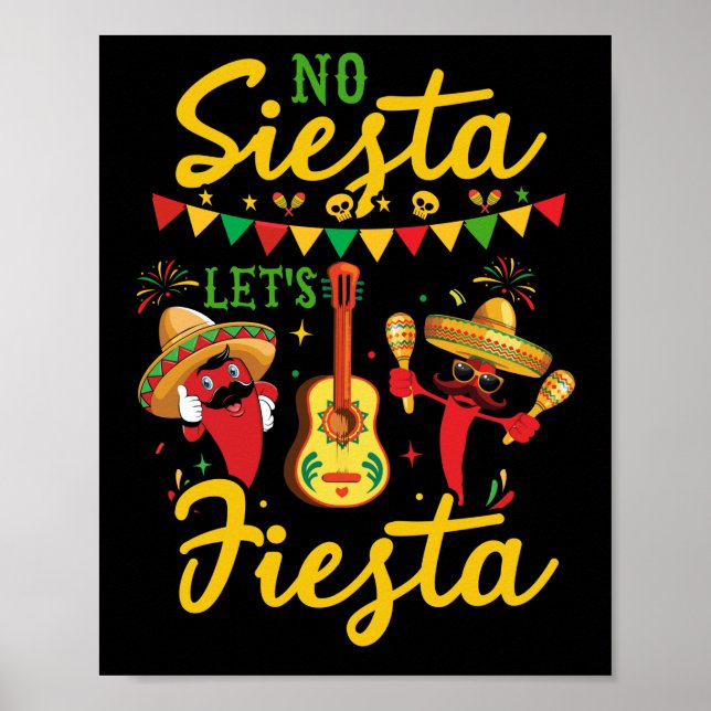 Póster No Siesta Let's Fiesta Mexican Maracas Sombrero (Frente)