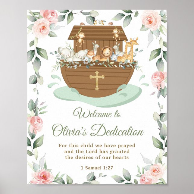 Póster Noah's Ark Pink Floral Dedications Christening (Frente)