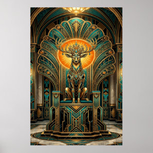 Póster Noble Ciervo Art Déco Silueta Dorada