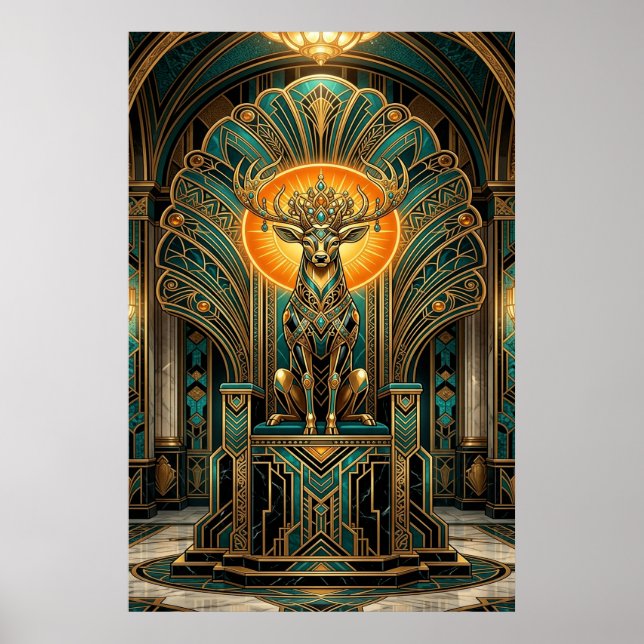 Póster Noble Ciervo Art Déco Silueta Dorada (Frente)