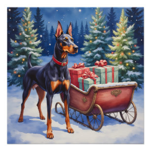 Póster Noble Doberman Custodiando Trineo de Navidad Invie