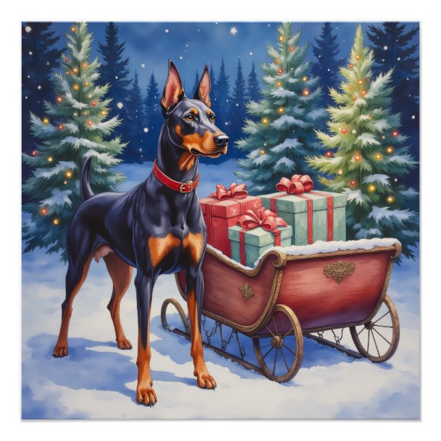 Póster Noble Doberman Guarding Christmas Sleigh Winter (Anverso)