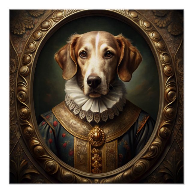 Póster Noble retrato de perro renacentista en marco vinta (Anverso)