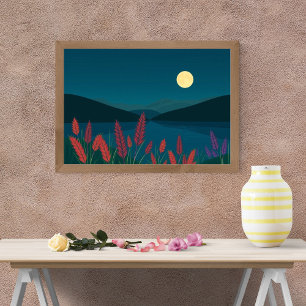 Póster Noche cautivadora de luna llena sobre un lago sere