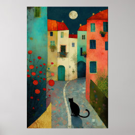 Póster Noche colorida iluminada por la luna: un gato y un