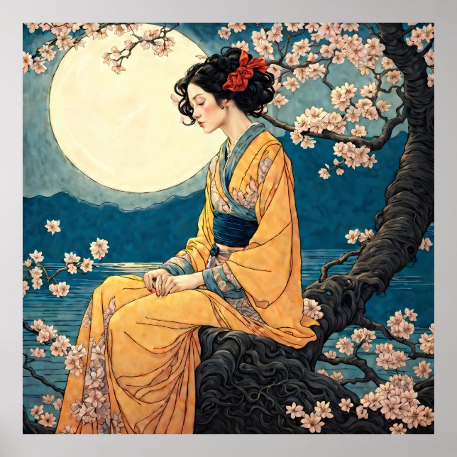 Póster Noche con luz de luna de cerezo en Kimono (Frente)