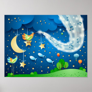 Póster Noche con música y pájaros