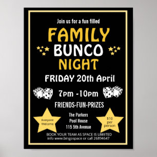 Póster Noche de bunco familiar, evento PTA fiesta bunco