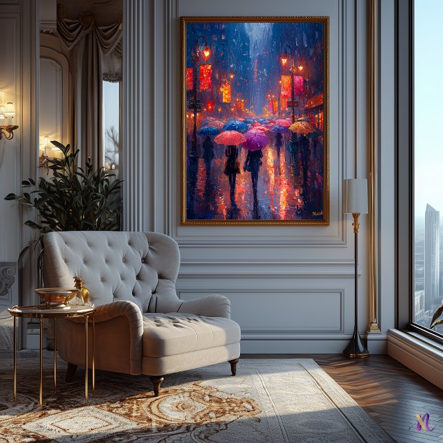 Póster Noche de ciudad lluviosa con paraguas en el impres (Subido por el creador)