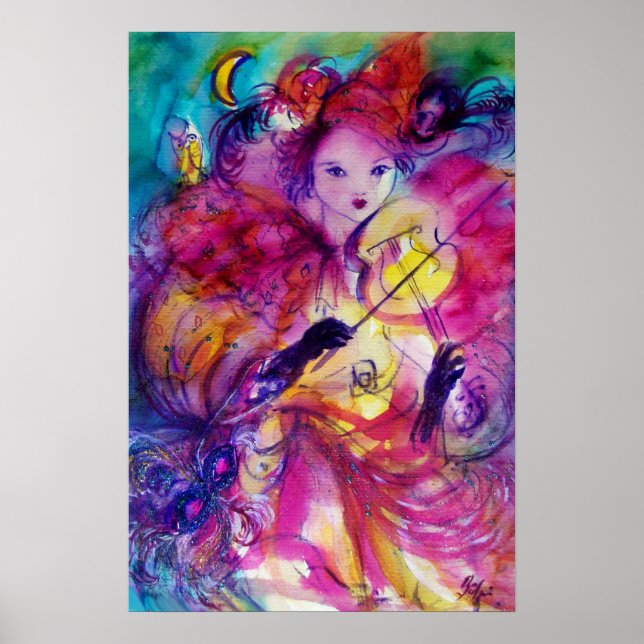 Póster Noche de disfraz Carnaval Músico con traje rosa (Frente)